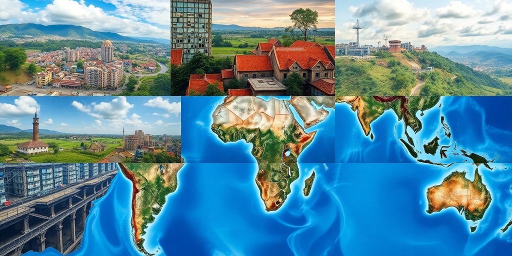 Vielfältige globale Landschaften, die Entwicklungsherausforderungen darstellen.