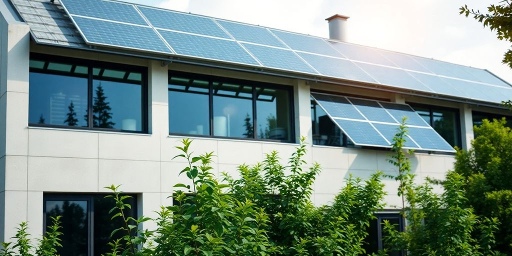 Modernes energieeffizientes Gebäude mit Solarpanelen.