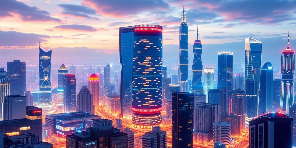 Futuristische Stadt mit digitalen Elementen.