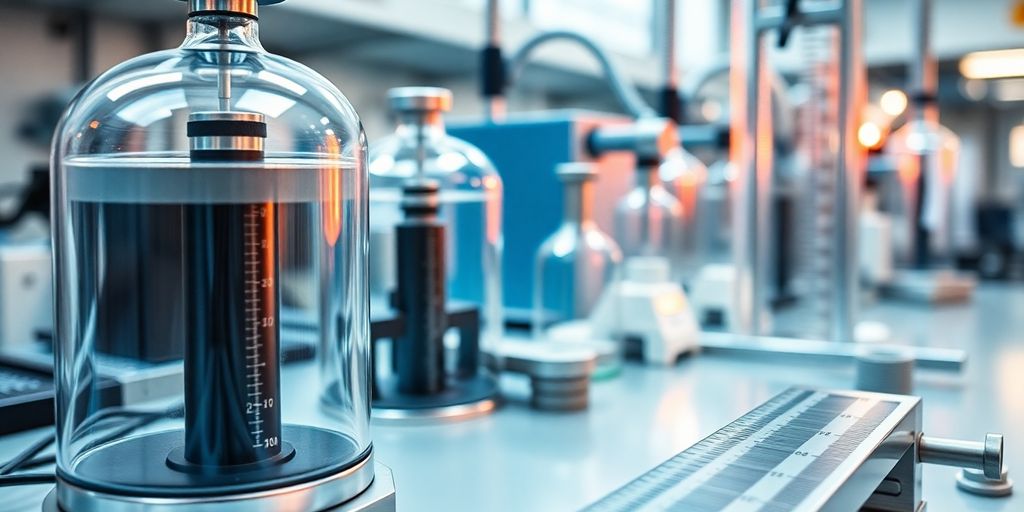 Laboratorium mit präzisen Messinstrumenten und Gewichten.