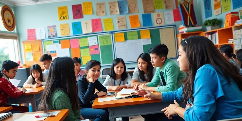 Vielseitige Schüler im Unterricht zur Sprachkompetenz.