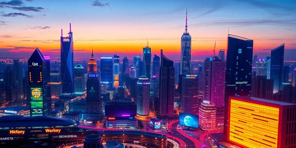 Futuristische Stadt mit leuchtender Technologie-Architektur.