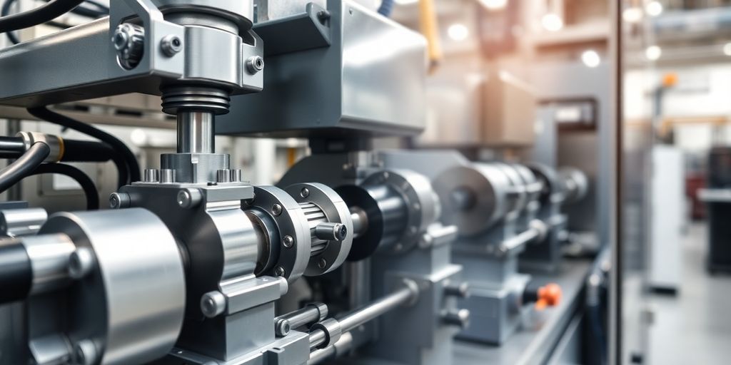Nahaufnahme einer modernen Industriemaschine in Betrieb.