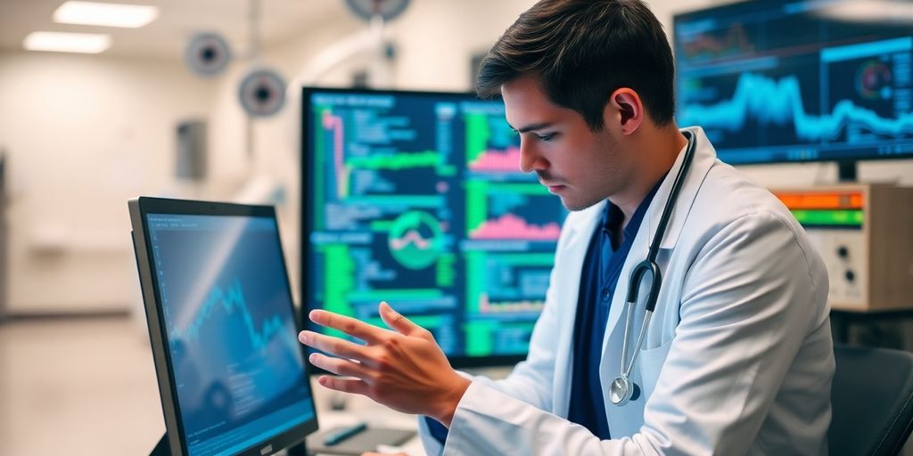 Ein Arzt arbeitet an einem Computer im Krankenhaus.