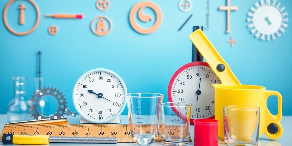 Verschiedene Messinstrumente und Einheiten zur SI-Darstellung.