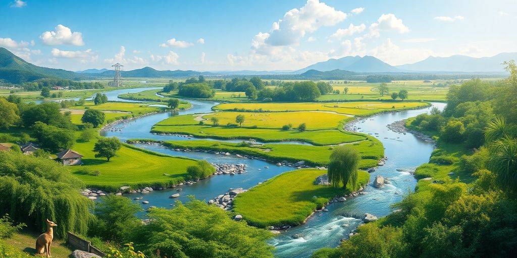 Landschaft mit Bäumen, Wasser und Tieren für Umweltschutz.