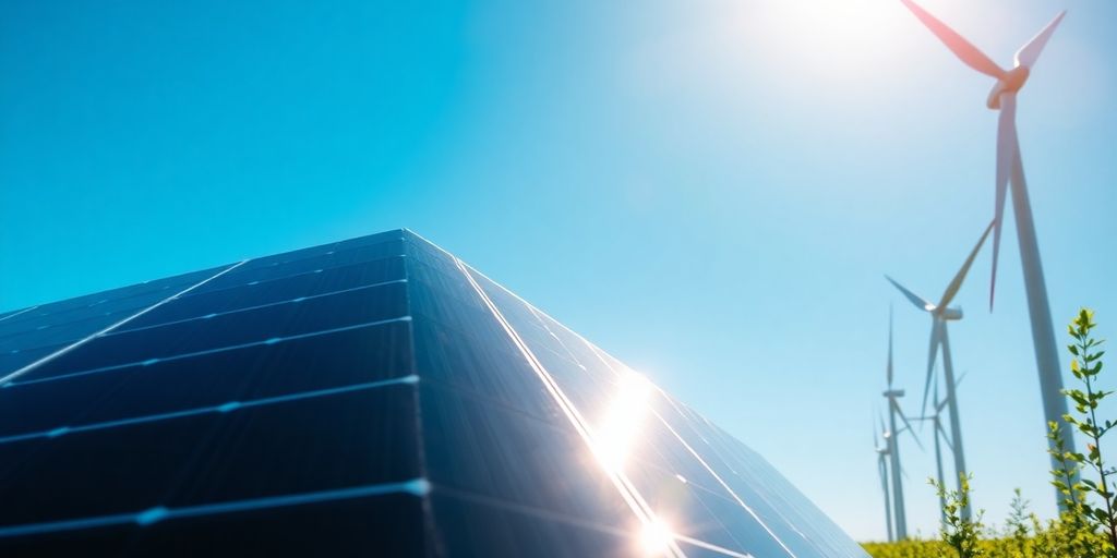 Moderne Energietechnologie mit Solarpanelen und Windkraftanlagen.