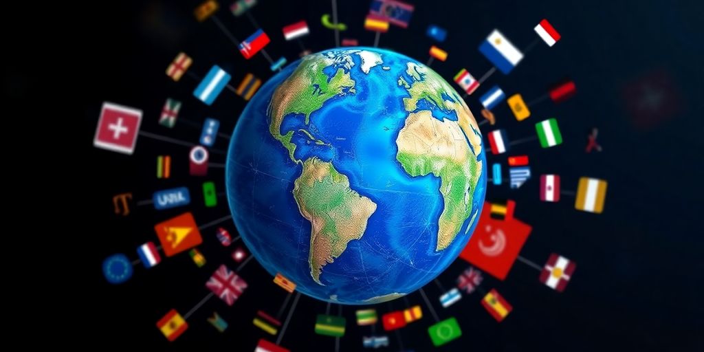 Verschiedene Sprachsymbole um einen Globus.