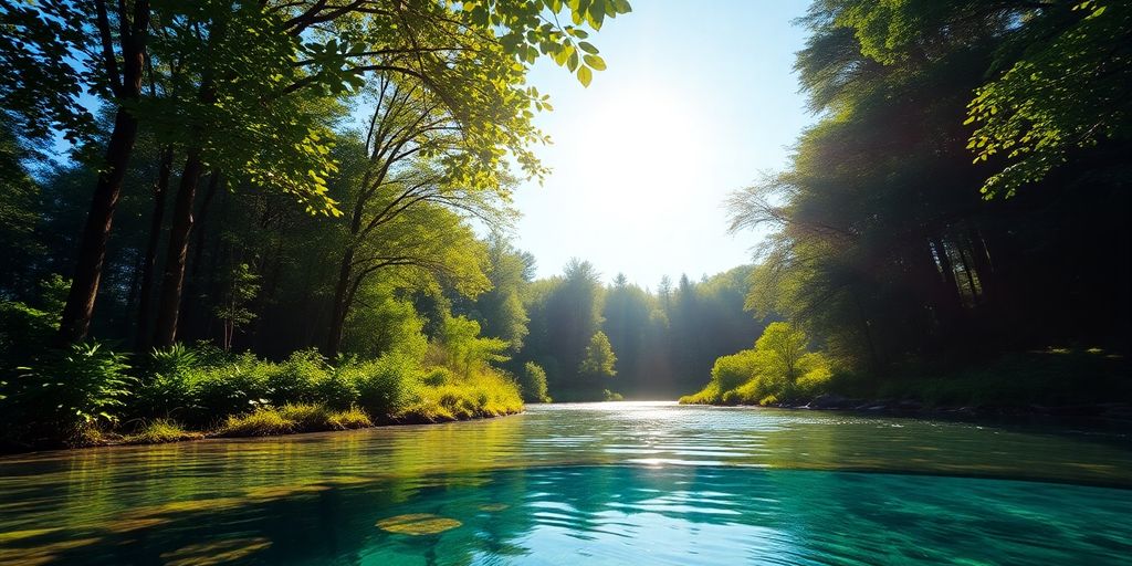 Eine lebendige Landschaft mit Wald und klarem Wasser.