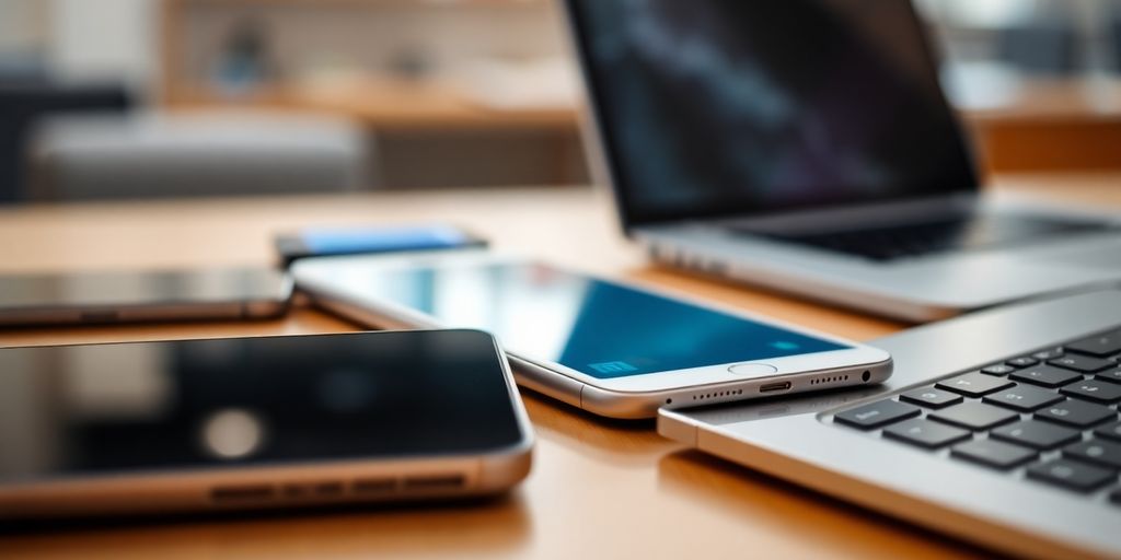 Interconnected digitale Geräte in einem modernen Arbeitsbereich.