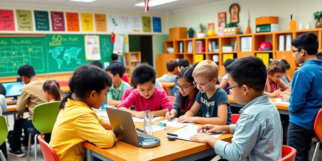 Bunte Klassenzimmerszene mit Schülern und Technologien.