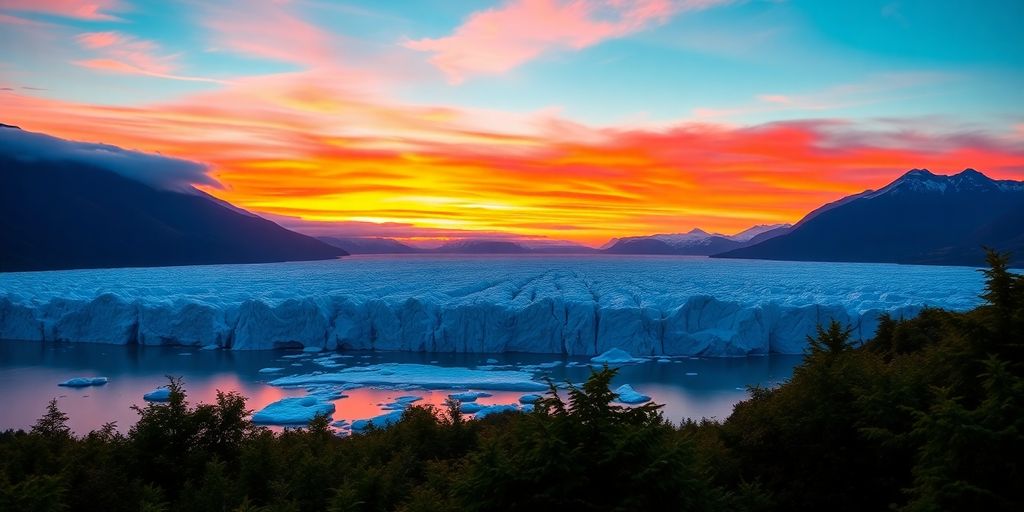 Schöne Landschaft mit schmelzendem Gletscher und Sonnenuntergang.