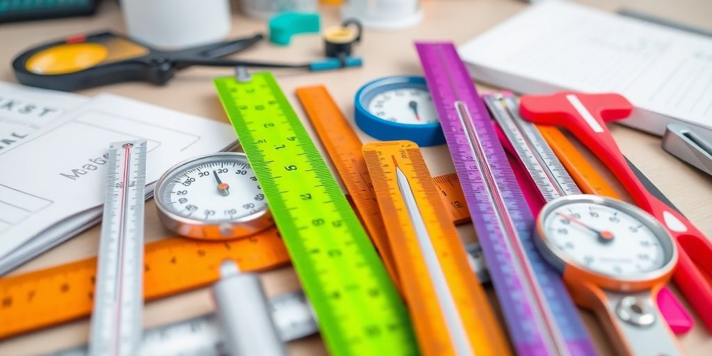 Messwerkzeuge auf einem Tisch, deutlich und farbenfroh.